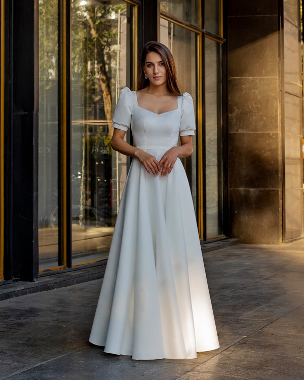 White wedding dress with short sleeves